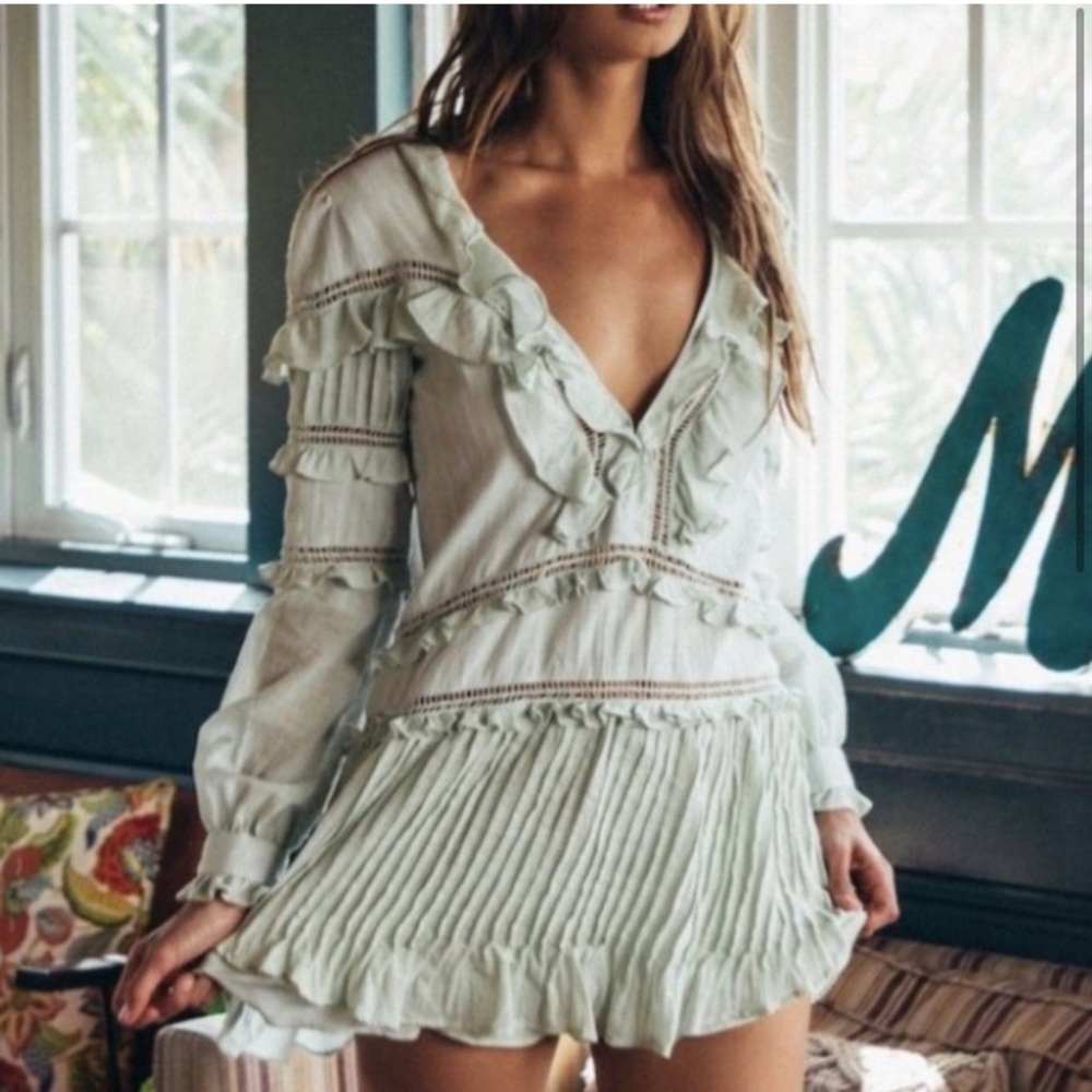 For Love and Lemons Elegant Ruffled Green Dress